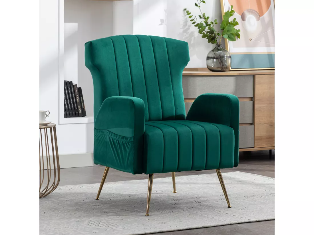Chaise Décorative En Velours，pieds Métalliques Dorés，fauteuil Confortable，haut Dossier