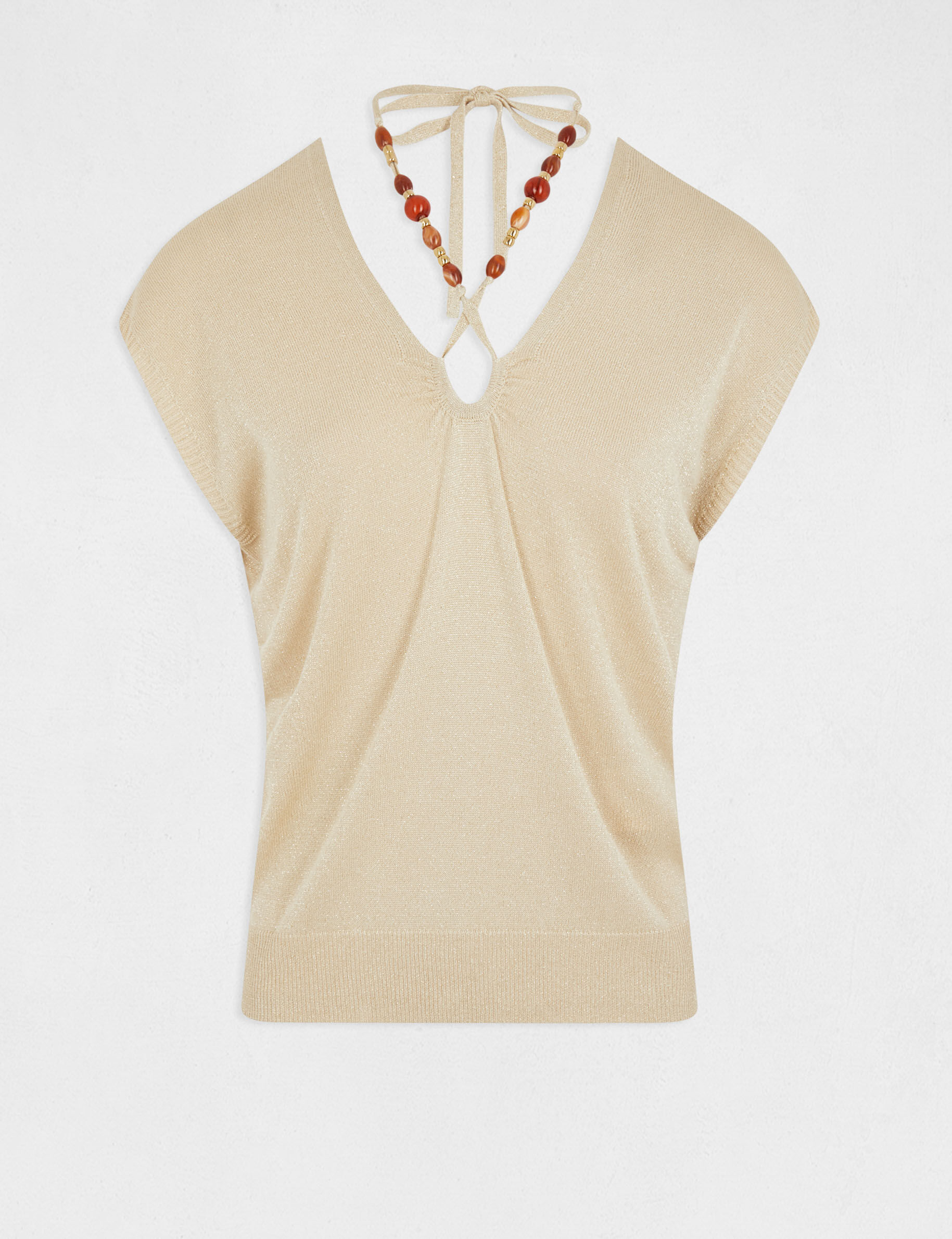 Pull manches courtes avec perles beige femme - beige