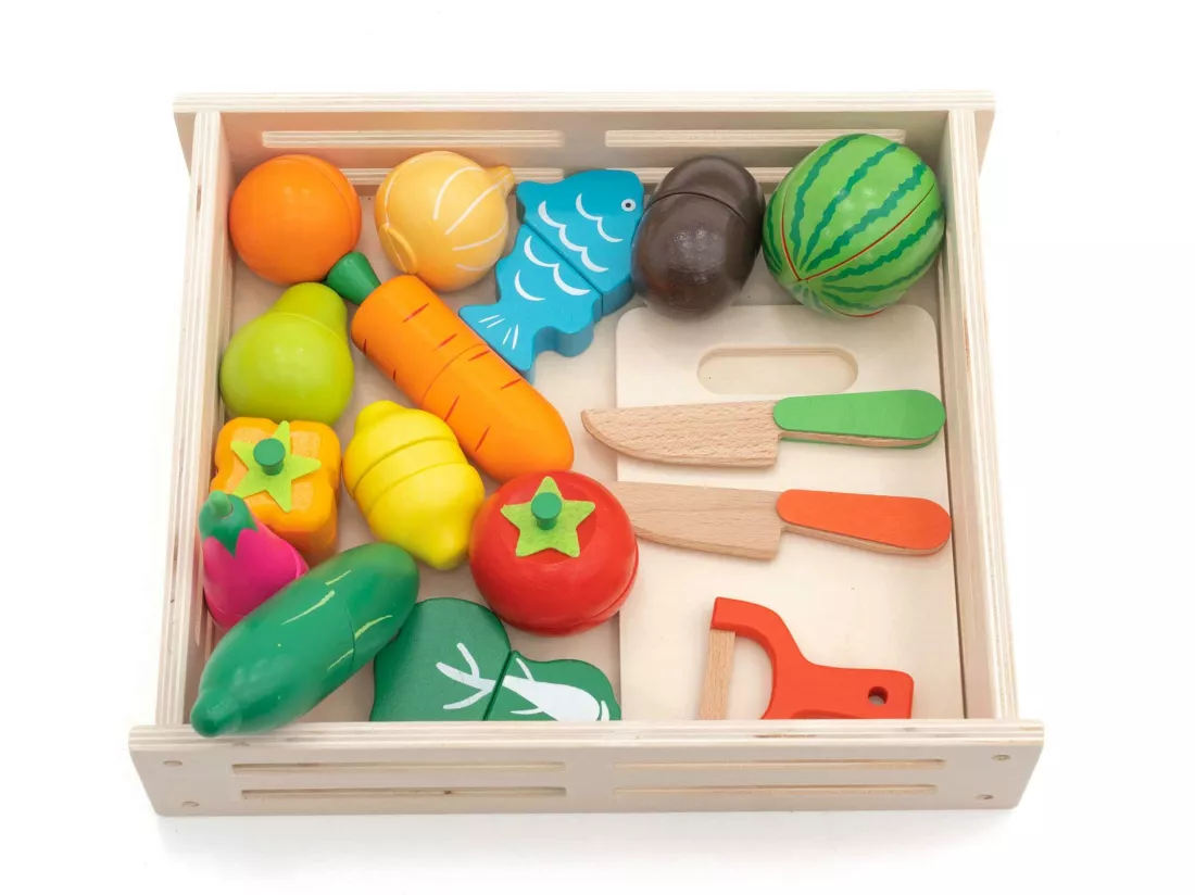 Dinette Plateau d'Aliments pour Enfants Montessori Robincool Eco Fruit en Bois Écologique 17 accessoires magnétisés