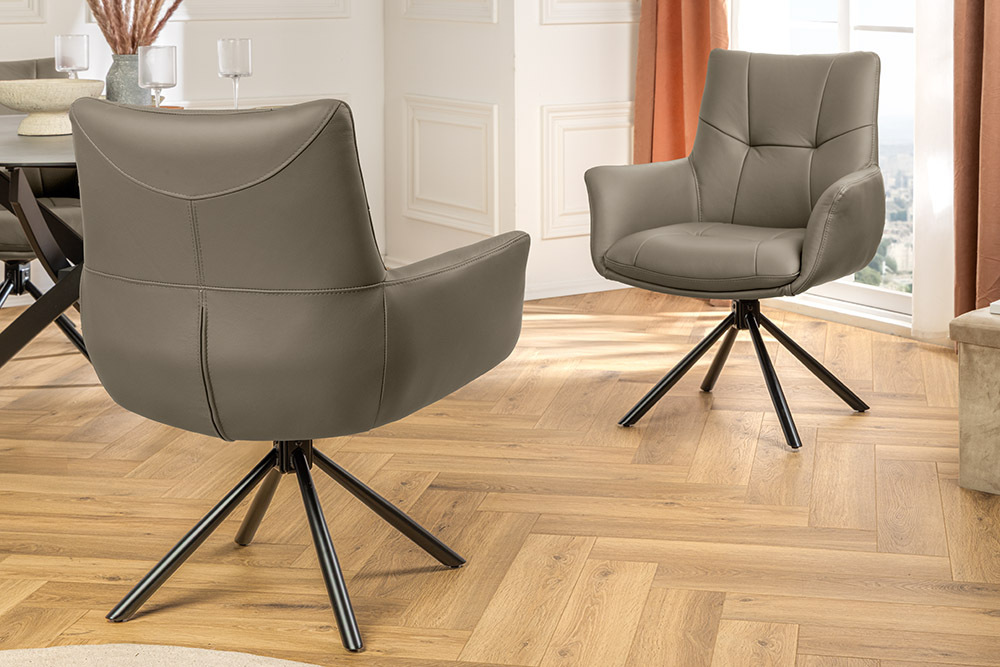 Drehbarer Stuhl SIGNATURE taupe Echtleder 360° mit Taschenfederkern schwarz Metall