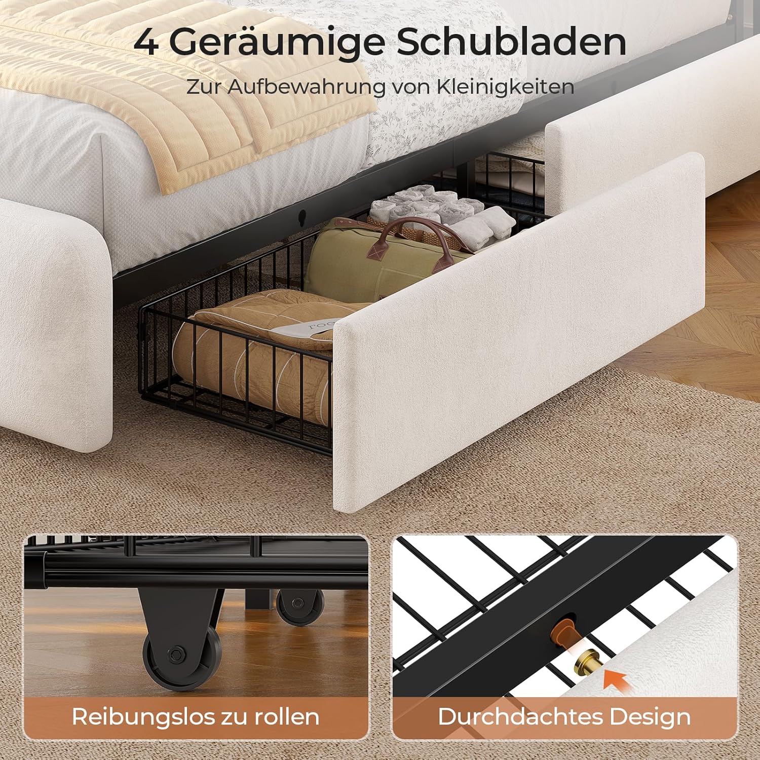 AOGLLATI Polsterbett 140x200 cm mit Stauraum - 4 Schubladen Jugendbett mit LED-Beleuchtung & Ladestation,Doppelbett mit Kopfteil aus Samt Bett 140x200 mit Lattenrost-ohne Matratze,Beige Samt