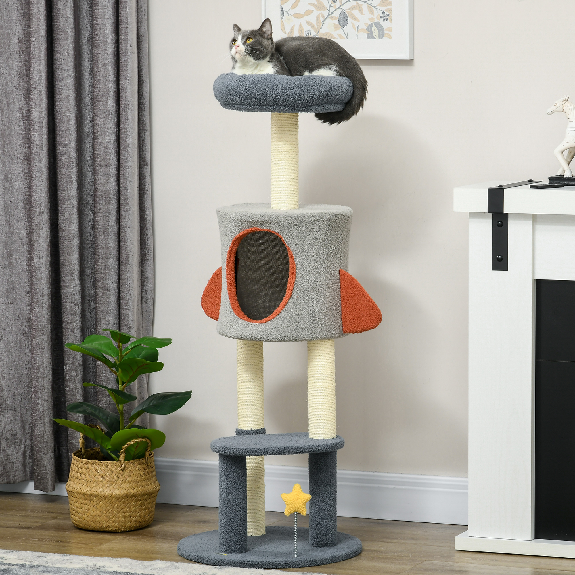 Árvore para Gatos PawHut Rocket de 116 cm, Torre para Gatos de Interior com Arranhadores, Cama, Caverna e Brinquedo em Forma de Estrela, Ø44x116 cm, Azul
