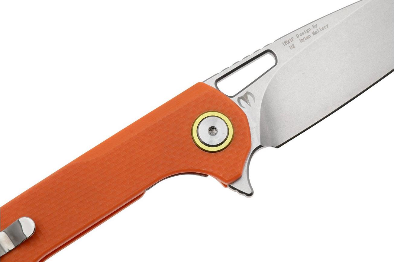 Artisan Cutlery Archaeo 1821P-OEF, Stonewashed D2, Orange G10 zakmes, Dylan Mallery design