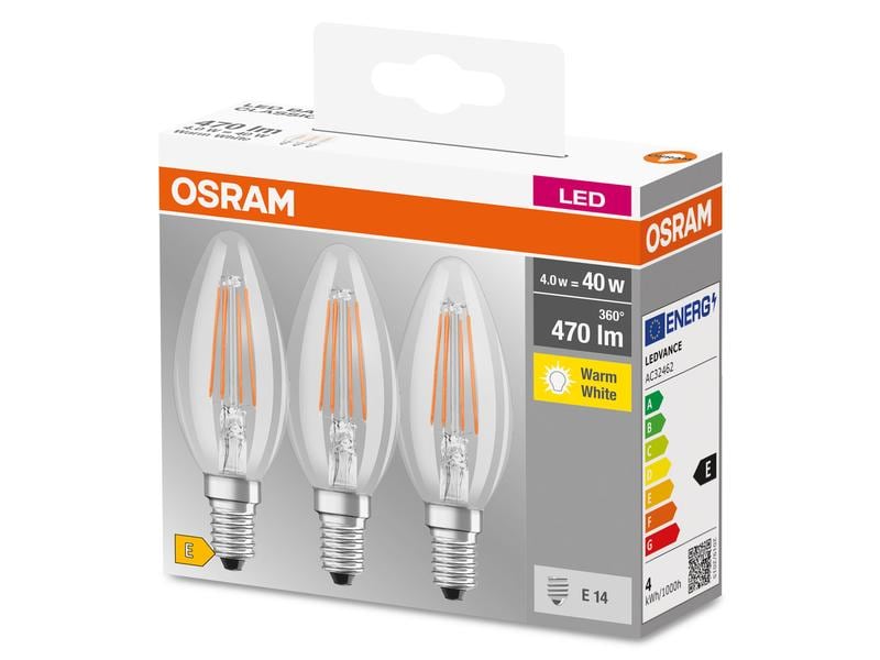 OSRAM Lampe Base Filament 4W, E14 Warmweiss, 3er Box Filamentleuchtmittel