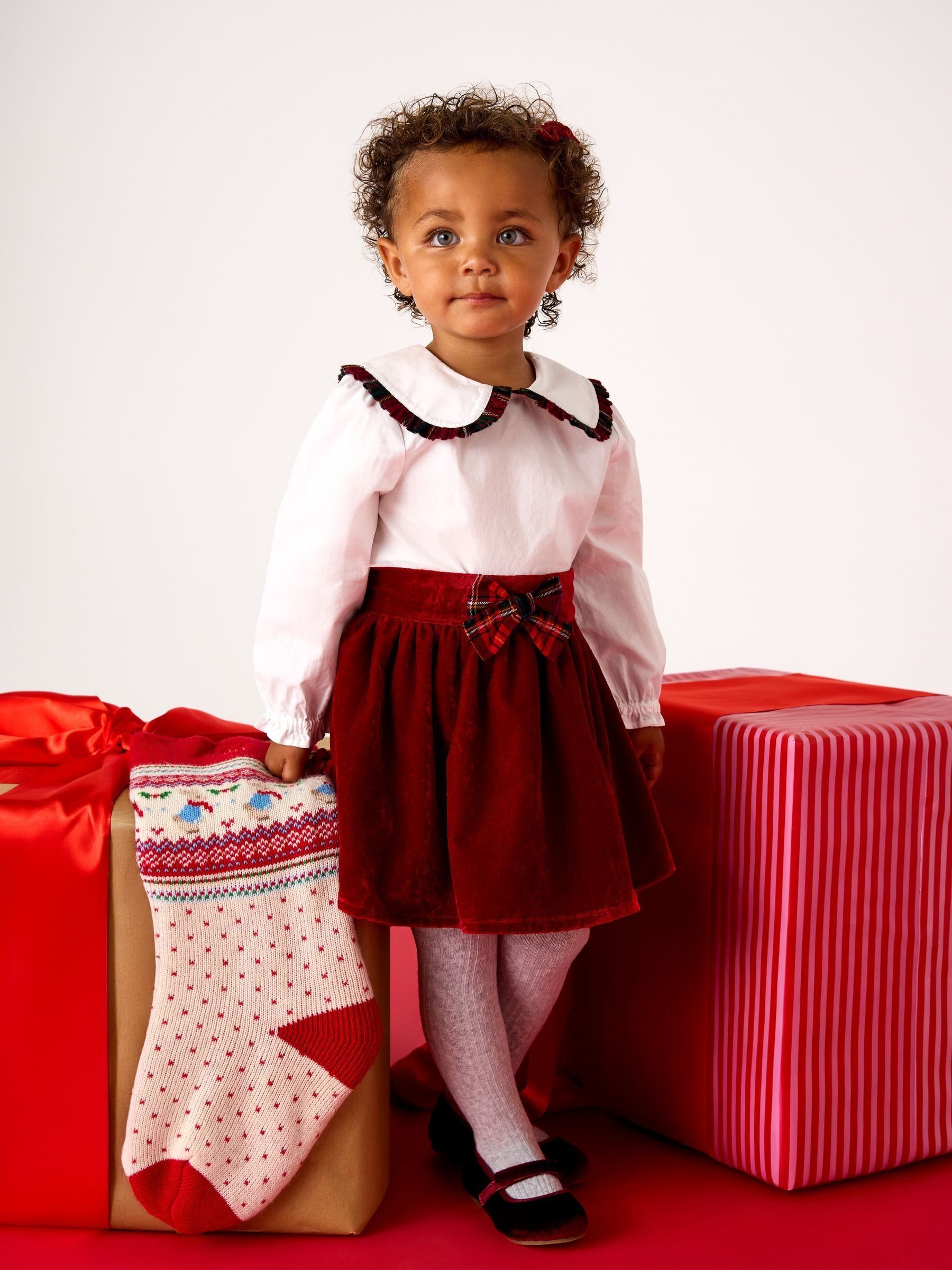 JoJo Maman Bébé Frill Collar Blouse & Velvet Skirt Set