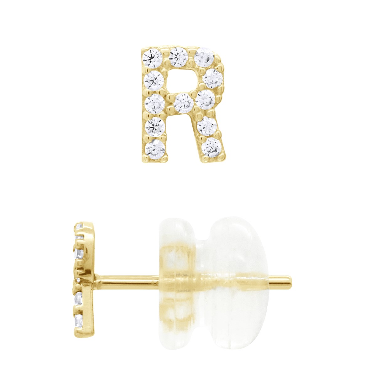 Boucles d'Oreilles Puces - Initiale Lettre R Serties d'Oxydes de Zirconiums - Or Jaune
