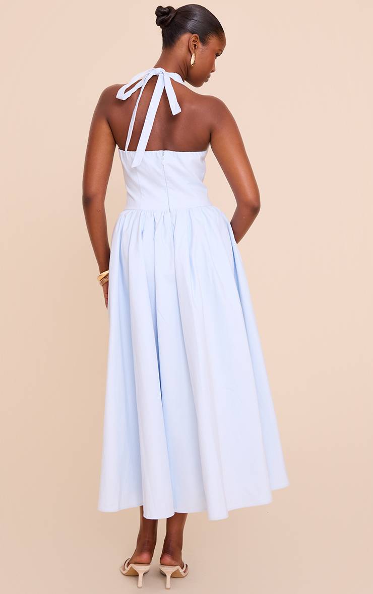 Bleu Clair Robe Midaxi À Pois Froncée Avec Col Licou Et Détail Noué