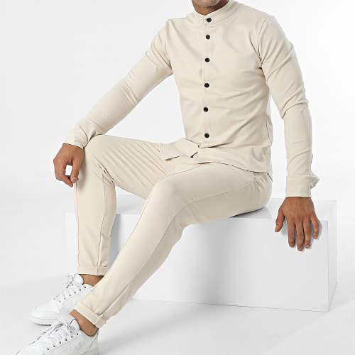 Ensemble Chemise Manches Longues Col Mao Et Pantalon Chino 4206 Beige