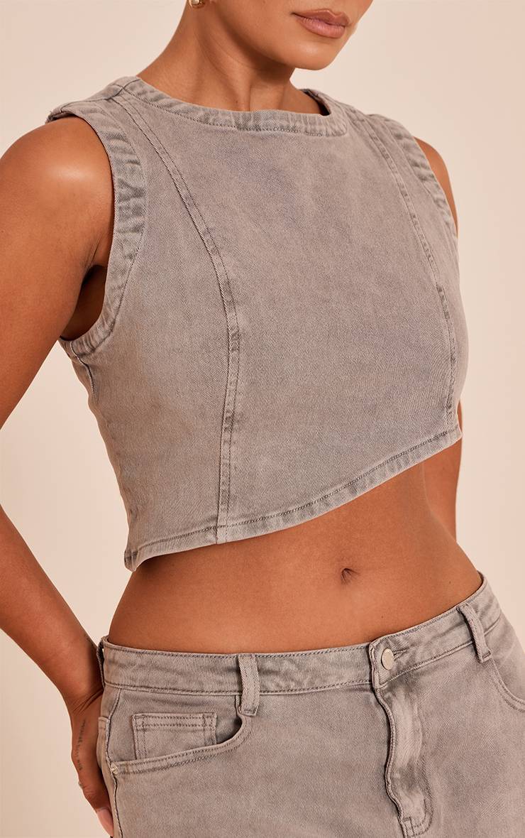 Champignon Top Court Asymétrique En Denim Extensible Délavé Shape