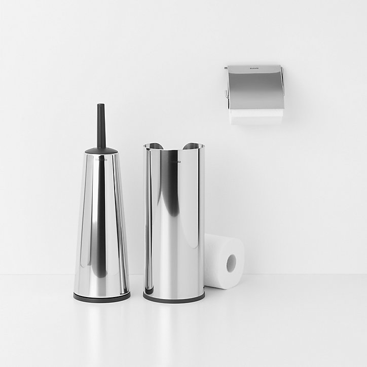 Ensemble brosse WC et support, porte rouleau et distributeur de papier Brabantia ReNew en métal coloris acier brillant