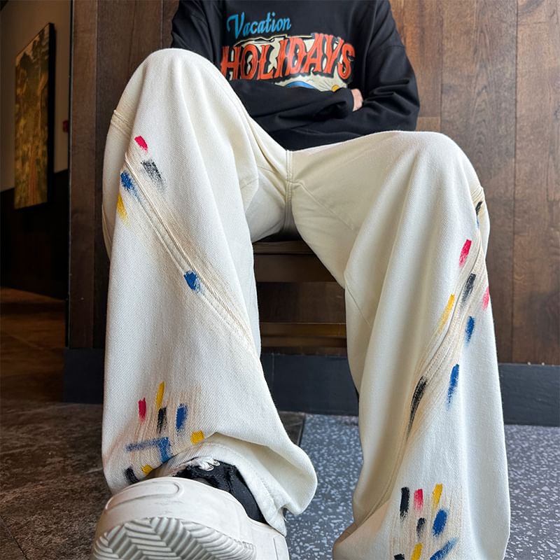 Priam - High Waist Paint Splatter Wide Leg Jeans / Set
