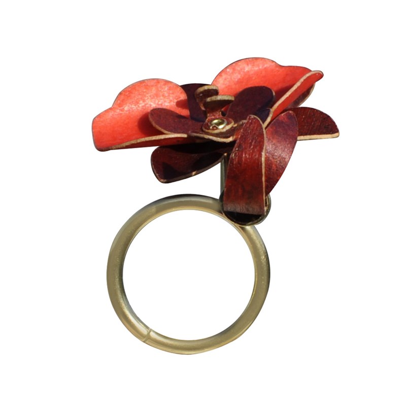 Bague Laiton Tube et Orchidée en Cuir Rouge