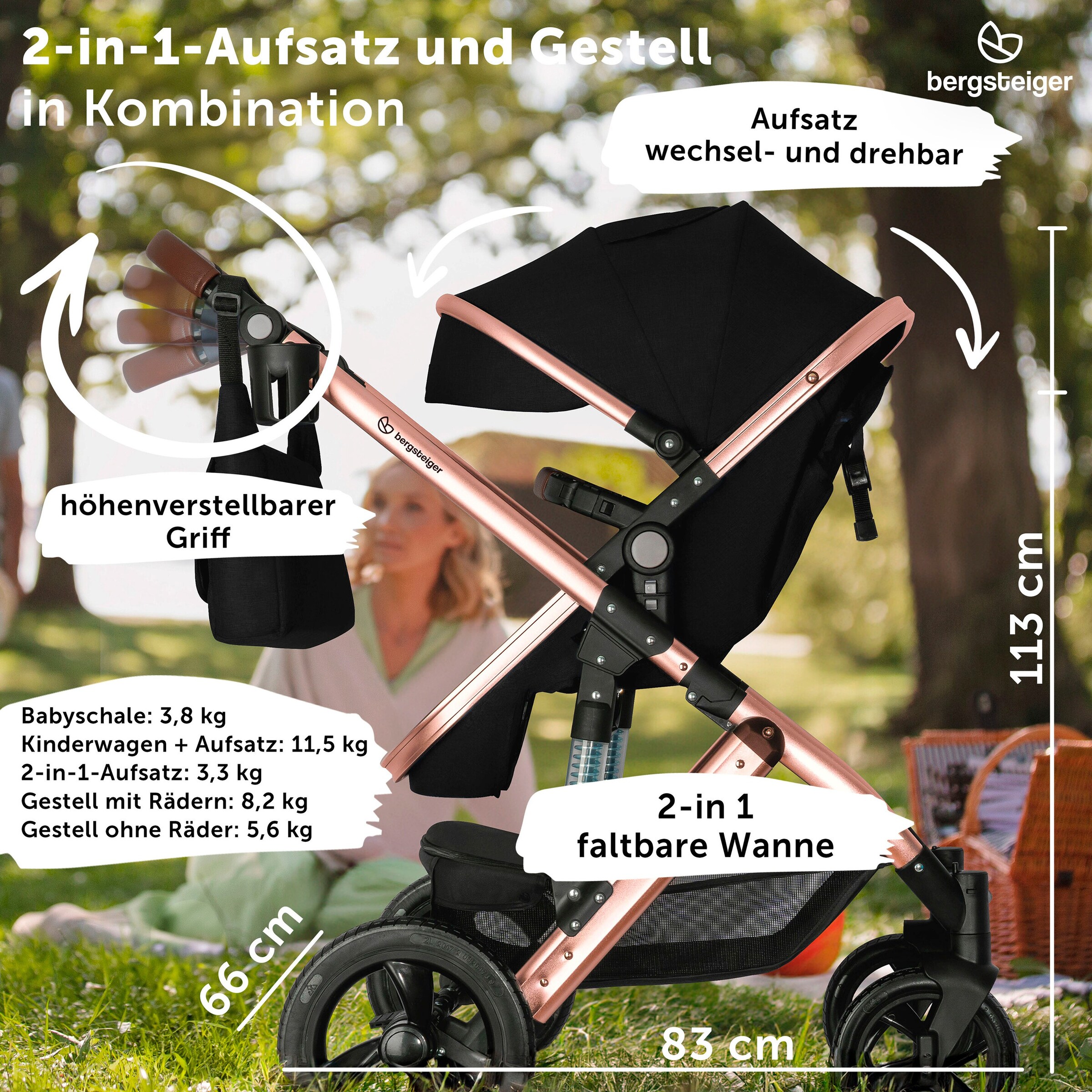 Bergsteiger Kinderwagen Nizza black | Gestell: rose golden