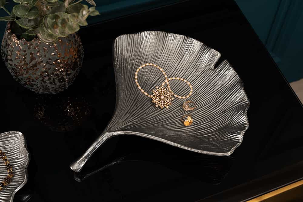 Dekorative Schale GINKGO 35cm silber handmade Metall