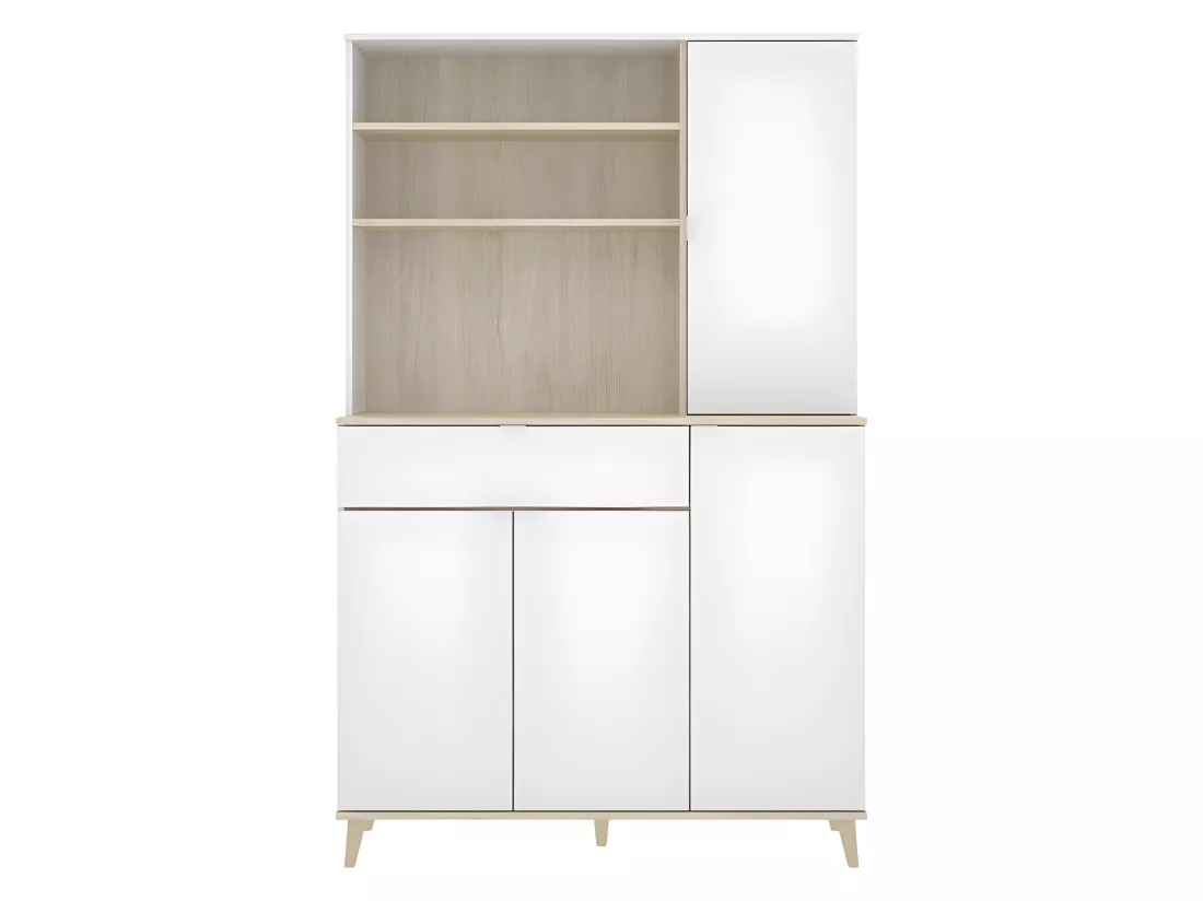 Buffet de cuisine WAJDI - 4 portes, 1 tiroir et 3 niches - Blanc et chêne
