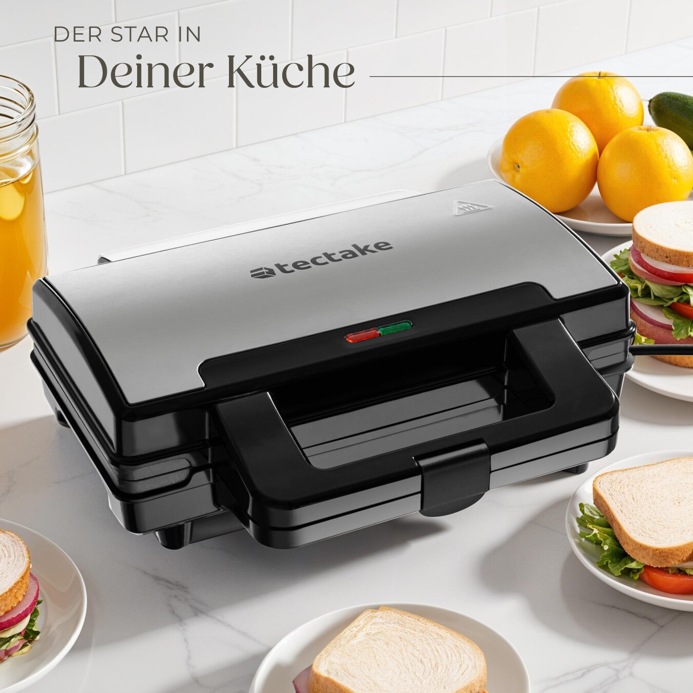 tectake® Sandwichmaker, hitzebeständiges Aluminium-Gehäuse, 1000 W, automatische Temperaturregelung, rutschfeste Füße, 29 x 24,5 x 10 cm