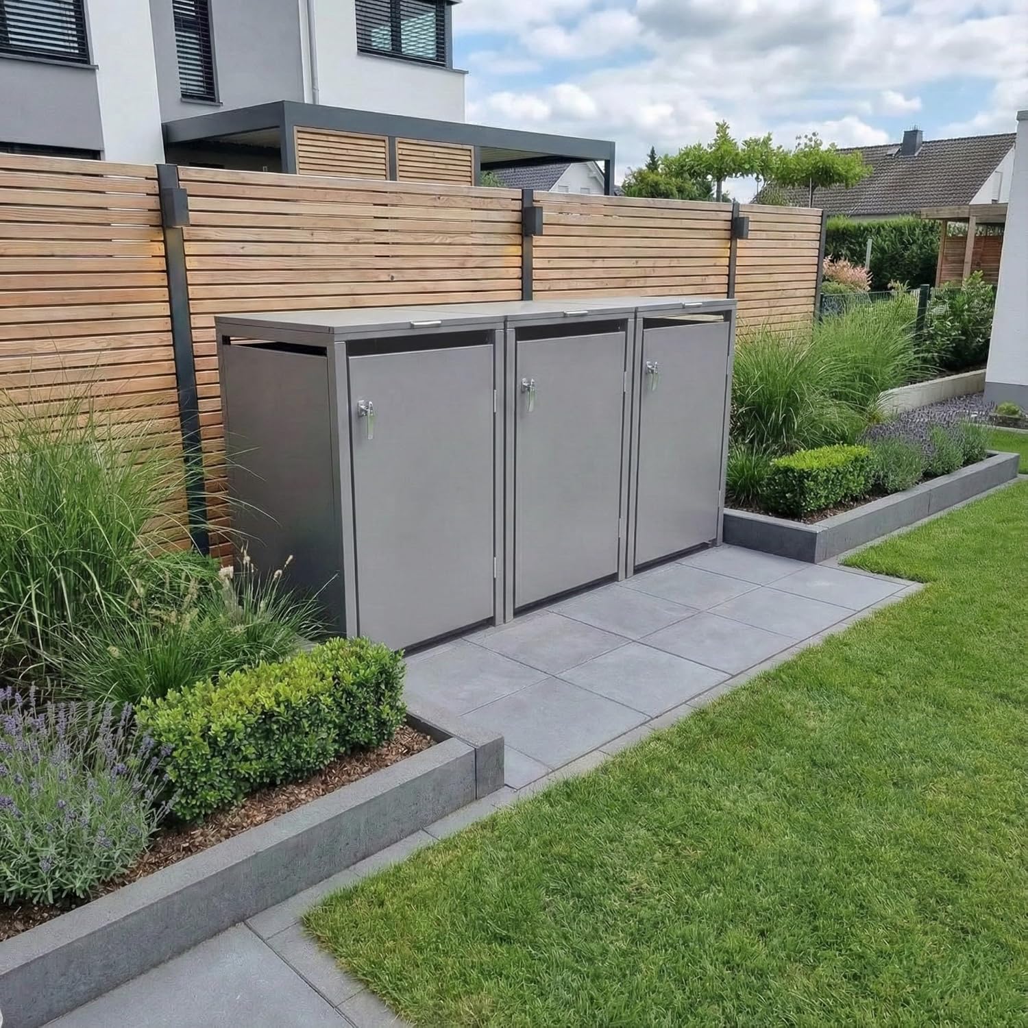 Metzler Mülltonnenbox 3er 240L in Graualuminium, Mülltonnenverkleidung für 3 Tonnen abschließbar und mit Automatikdeckel, pulverbeschichteter & witterungsbeständiger Stahl in RAL9007, Müllbox rostfrei