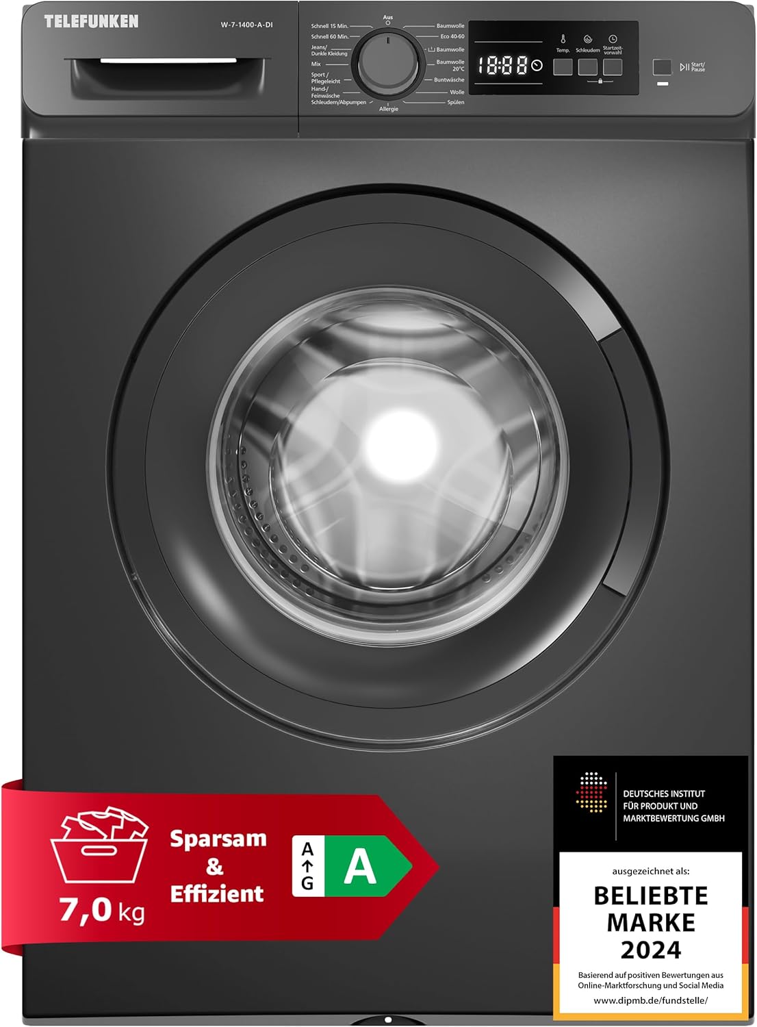 Telefunken Waschmaschine 7kg | Frontlader 1400 U/Min. | Inverter Motor - Leise & Effizient | AquaStop - Schutz vor Wasserschäden | Schontrommel | Washing Machine | 15 Programme | EEK A | W-7-1400-A-DI