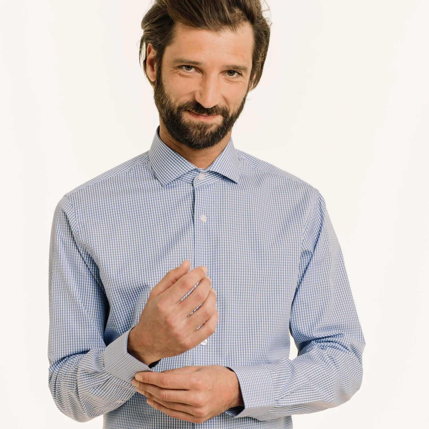 Blue double-twisted gingham poplin shirt