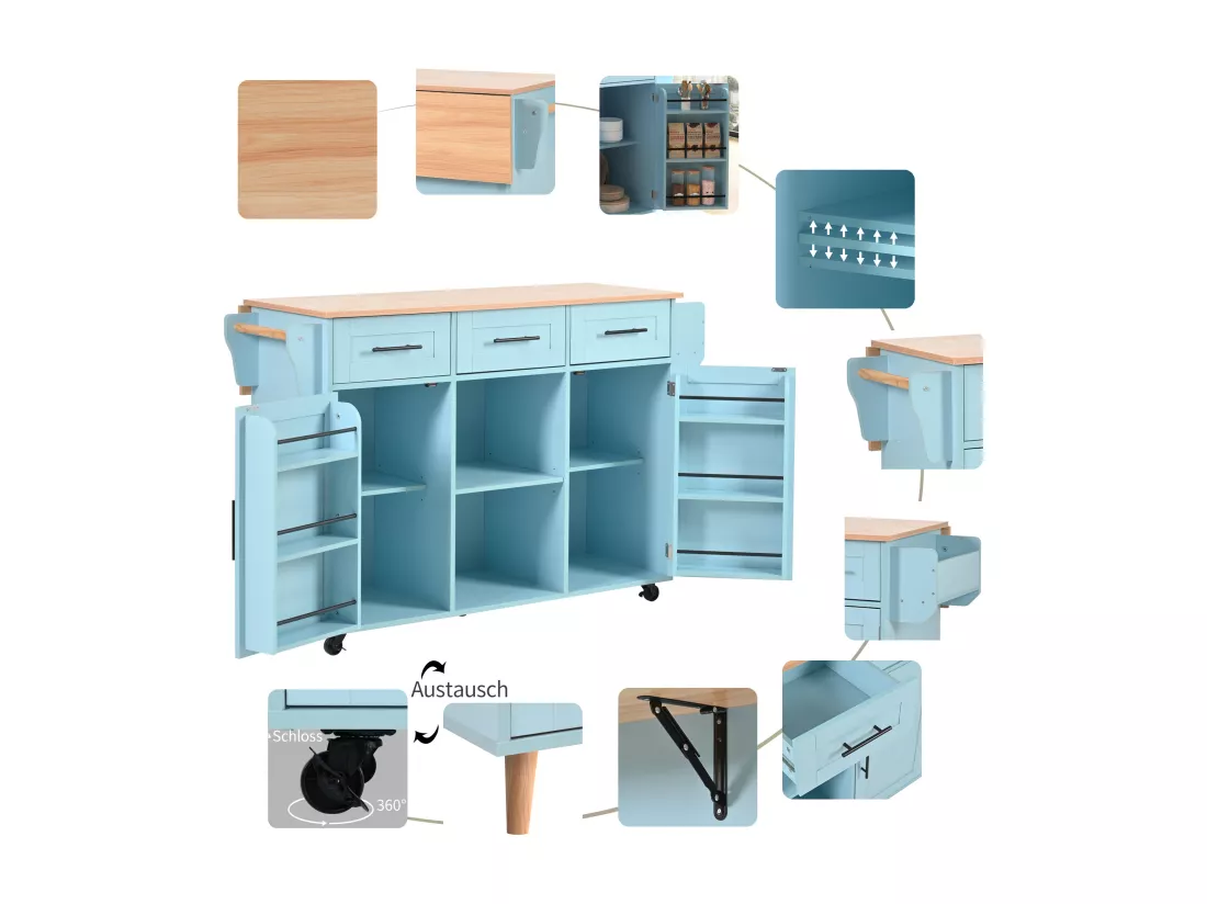 Ilot central de cuisine avec 3 tiroirs et portes de rangement - Plateau extensible - pieds en roulettes ou en bois - Bleu