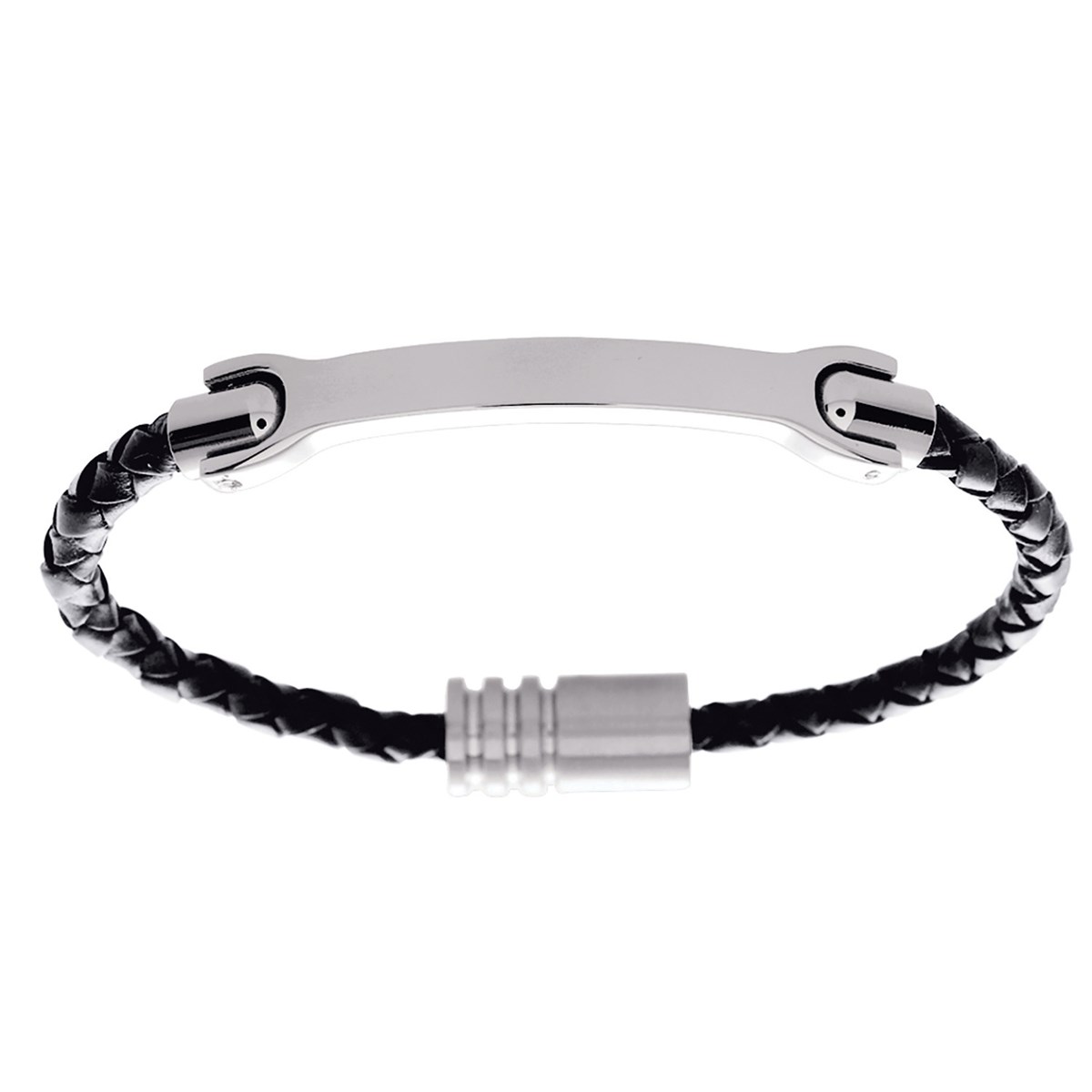 Bracelet homme acier cuir tressé et plaque
