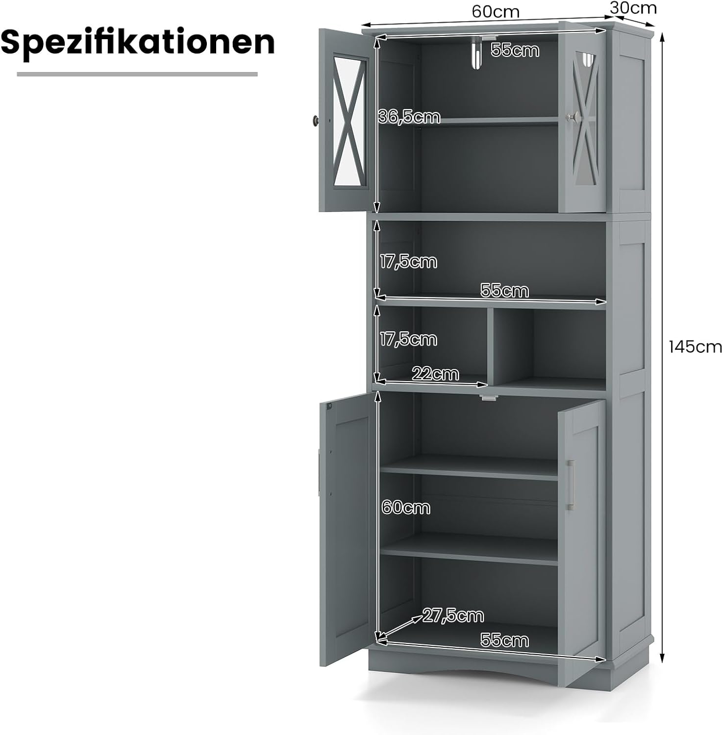 COSTWAY Badezimmerschrank, Badschrank Hochschrank mit 3 verstellbaren Regalen & 4 Türen, Aufbewahrungsschrank Holz für Badezimmer, Wohnzimmer & Küche, 60 x 30 x 145 cm (Grau)