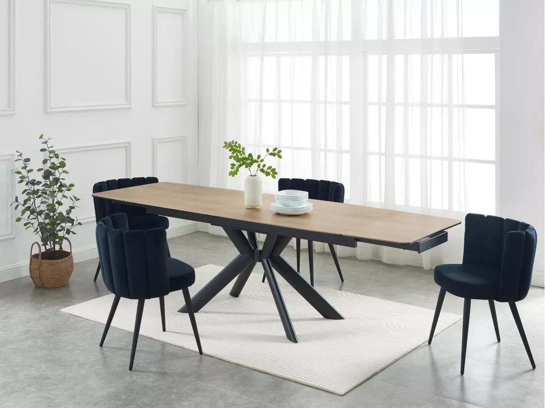 Table à manger extensible 6 à 10 personnes en céramique, verre trempé et métal - Naturel clair et Noir - LIOMINA de Maison Céphy