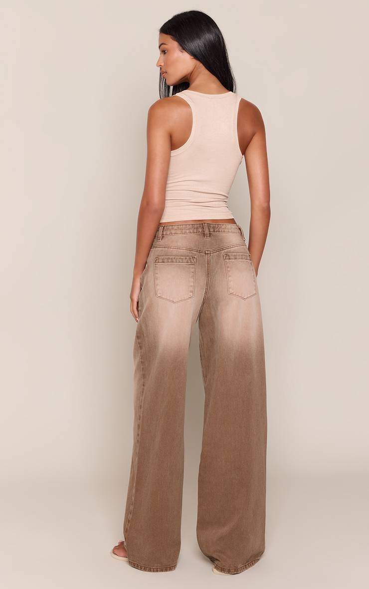 Marron Jean Taille Haute Délavé À Taille Basse Et Jambe Large