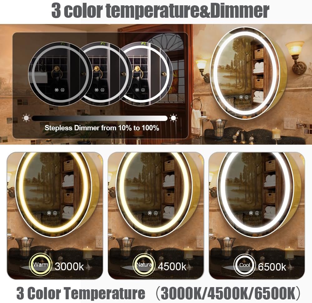 71 cm runder Medizinschrank mit Lichtern, LED-Medizinschrank mit Entnebeler, beleuchteter Spiegelschrank für Badezimmer, dimmbar, beschlagfrei, 3000 K-6500 K Farbtemperatur,Golden