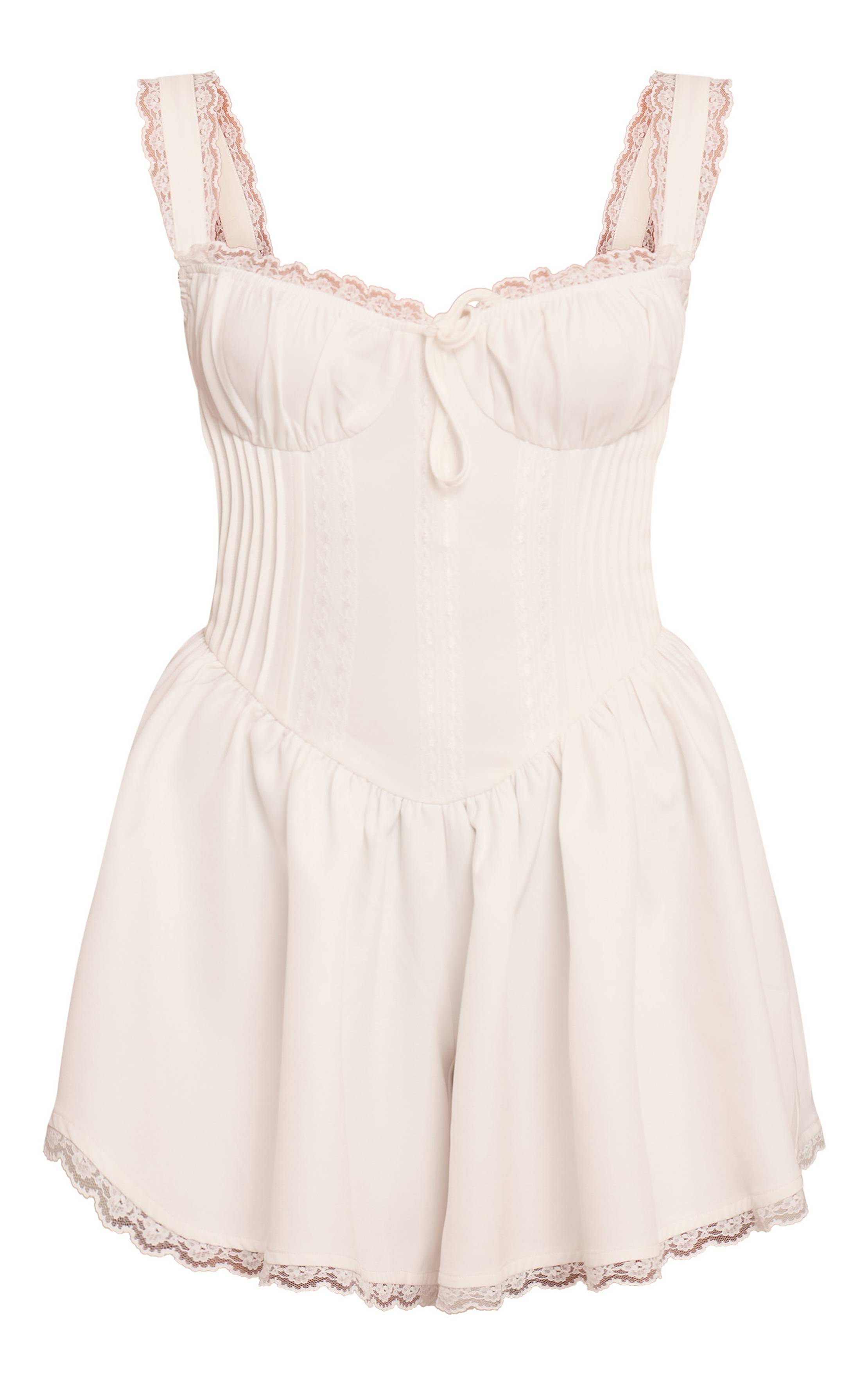 Blanc Combi-short À Bretelles En Tissu Tissé Avec Détails En Dentelle
