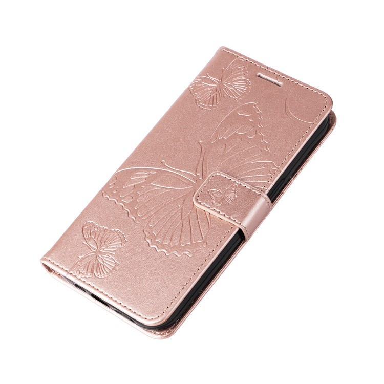 iPhone 16e Leder Tasche mit Kartenfach   Handschlaufe Schmetterling - Roségold
