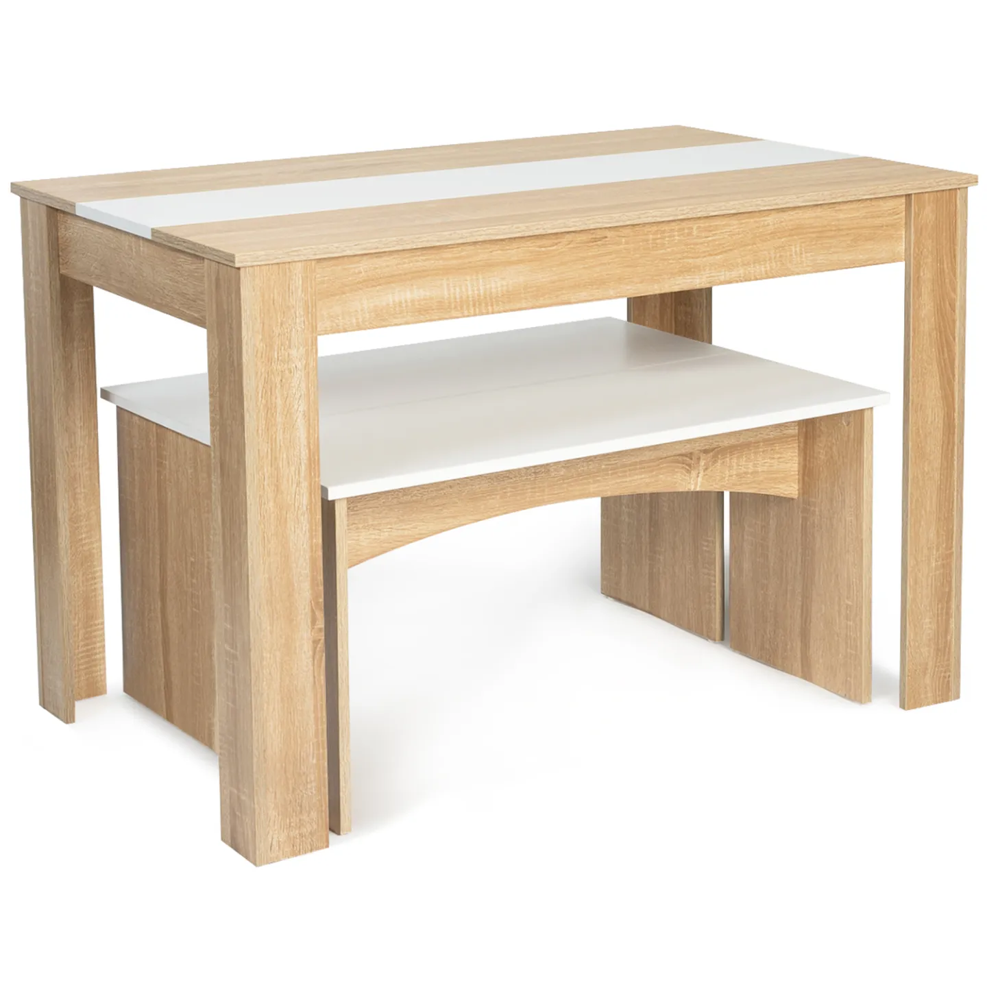 Ensemble table à manger et 2 bancs ROZY 4 personnes façon hêtre et blanc 110 cm