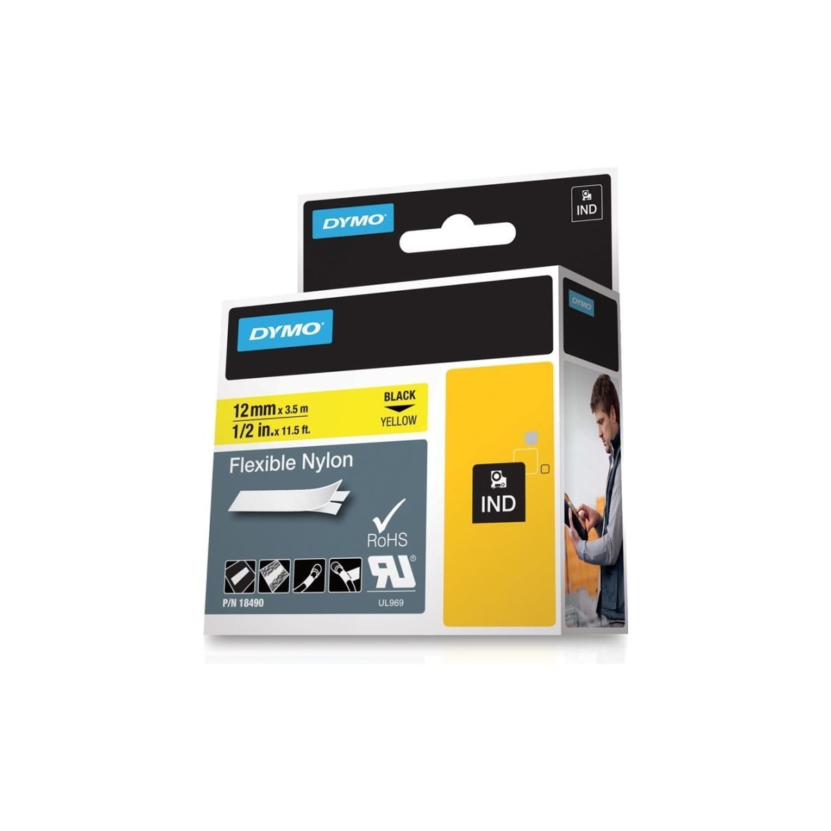 DYMO RhinoPRO merketeip fleks nylon 12mm, svart på gult