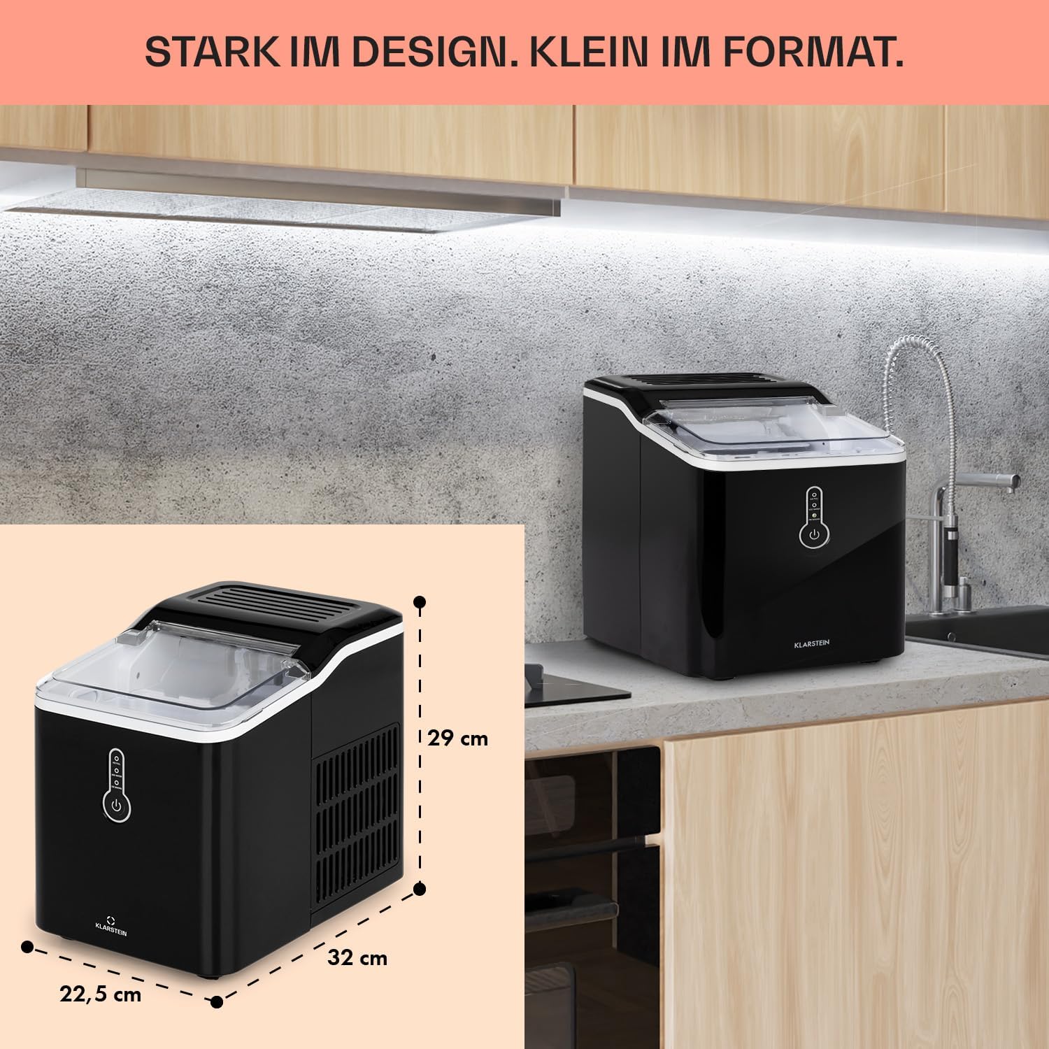 Klarstein Eiswürfelmaschine Klein, 1,5L Eiswürfelbereiter, Eiswürfelmaschine für Große Eiswürfel, Schnelle Mini-Eiswürfelmaschine, Leichte Reinigung, Eiswürfelbereiter 12kg Eis pro Tag