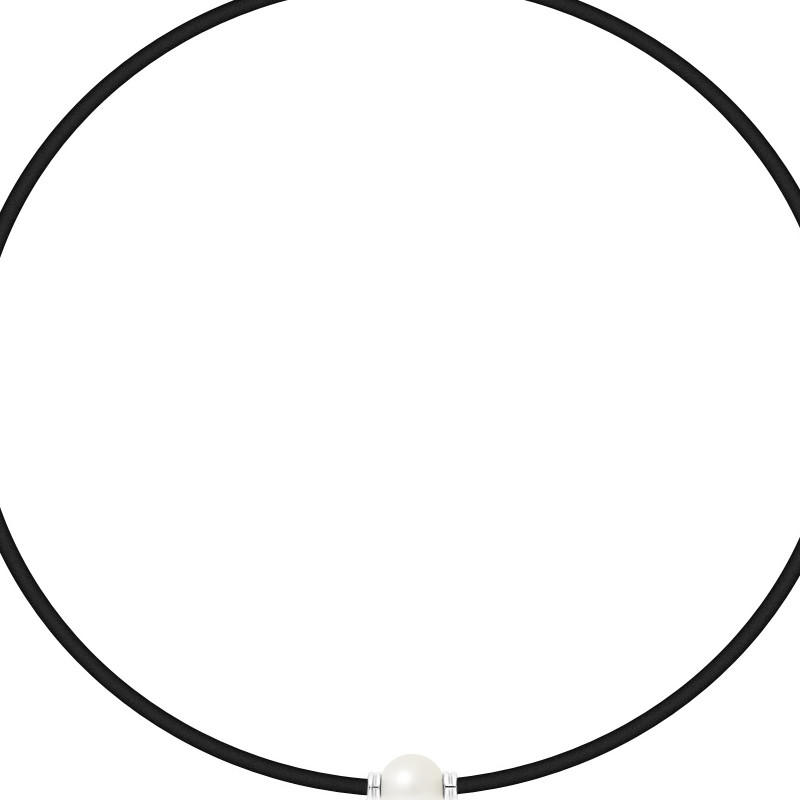 Collier Homme-Femme Néoprène, Perle de de Culture Blanche et Argent Massif 925