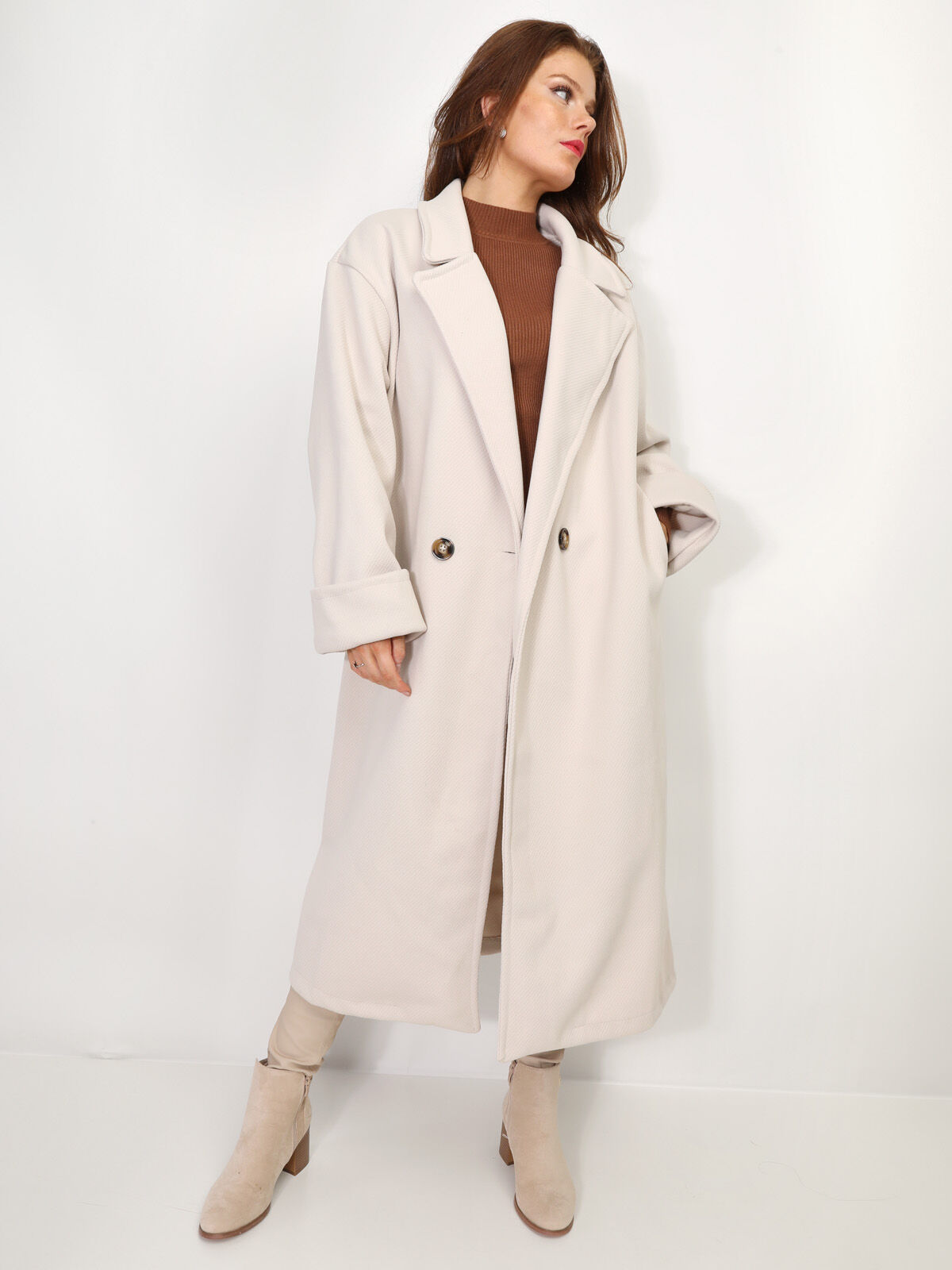 Manteau oversize en maille texturée- Beige