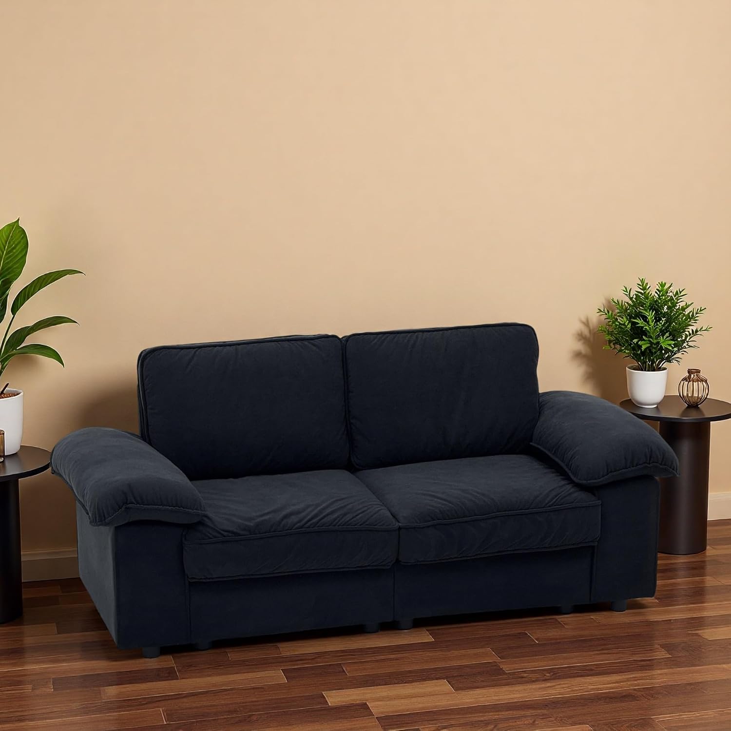 Sofa 2 Sitzer mit Stauraum, Ecksofa mit Schlaffunktion, Elegantes Skandinavisches Schlafcouch, Modernes Sofa Bed, Ist Kuschlig, für Wohnzimmer/Schlafzimmer/Büro, 201cm, Velvet, Schwarz