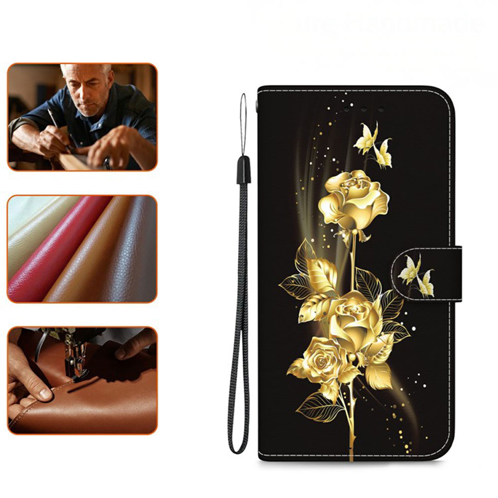 Samsung Galaxy S25 Edge Leder Tasche mit Kartenfach   Handschlaufe - Schmetterling / Rose (Schwarz / Gold)