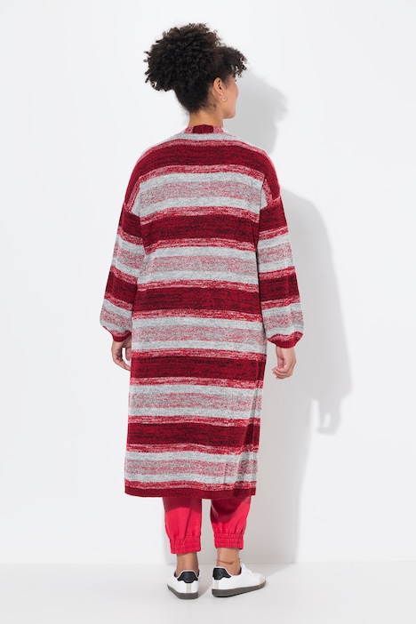 Strickjacke, extra lang, offene Form, Blockstreifen