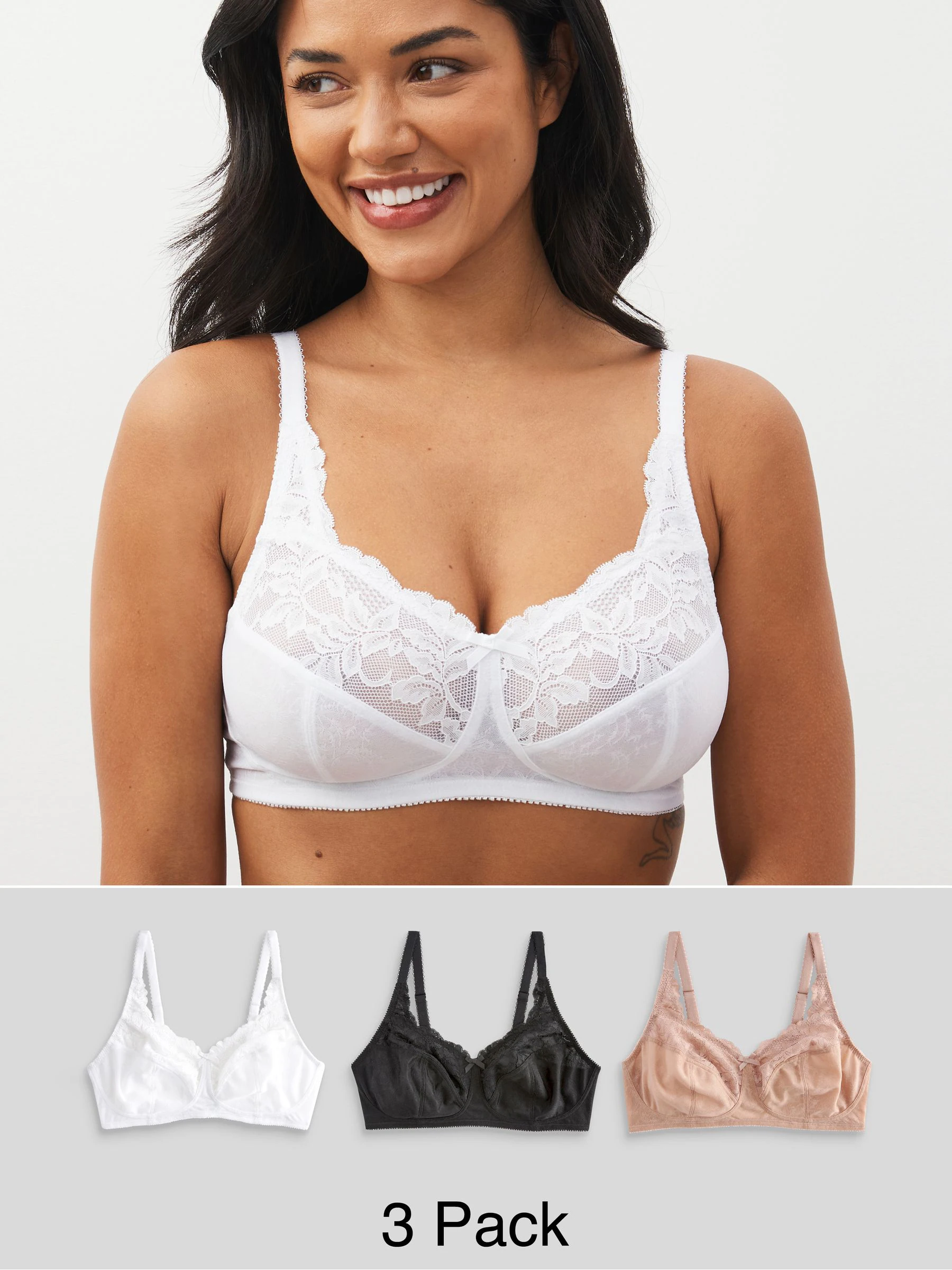 Zwart/wit/praline huidskleur - Total Support ultiem comfortabele kanten beha's met volledige cups 3 stuks