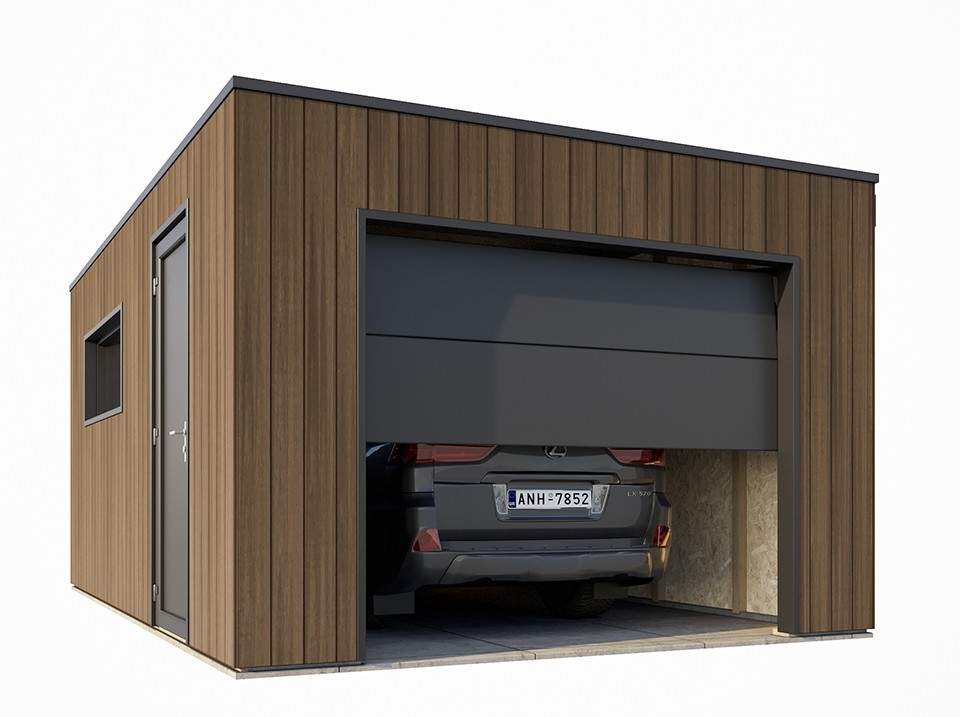Garage bois composite silverstone - bardage couleur teck / teak - surface : 20m² - porte sectionnelle motorisée - 2 télécommandes