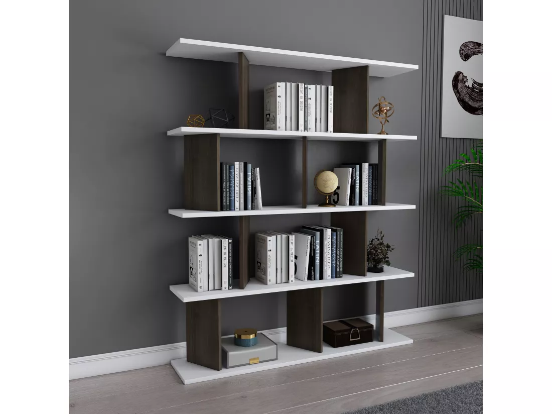 Bibliothèque modern Grace 5-étagères design chic et durable (Blanc et Noyer)