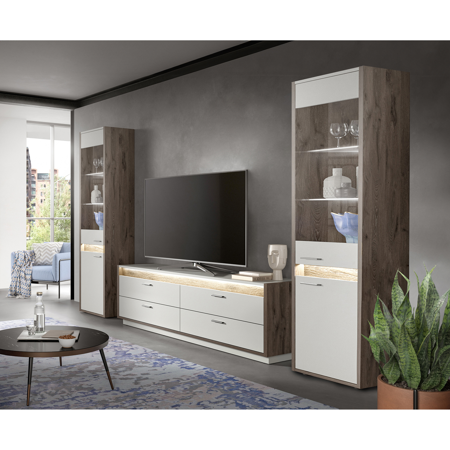 3-teiliges Wohnwand-Set FALCONA - hellgrau - Nox Oak - 319 cm