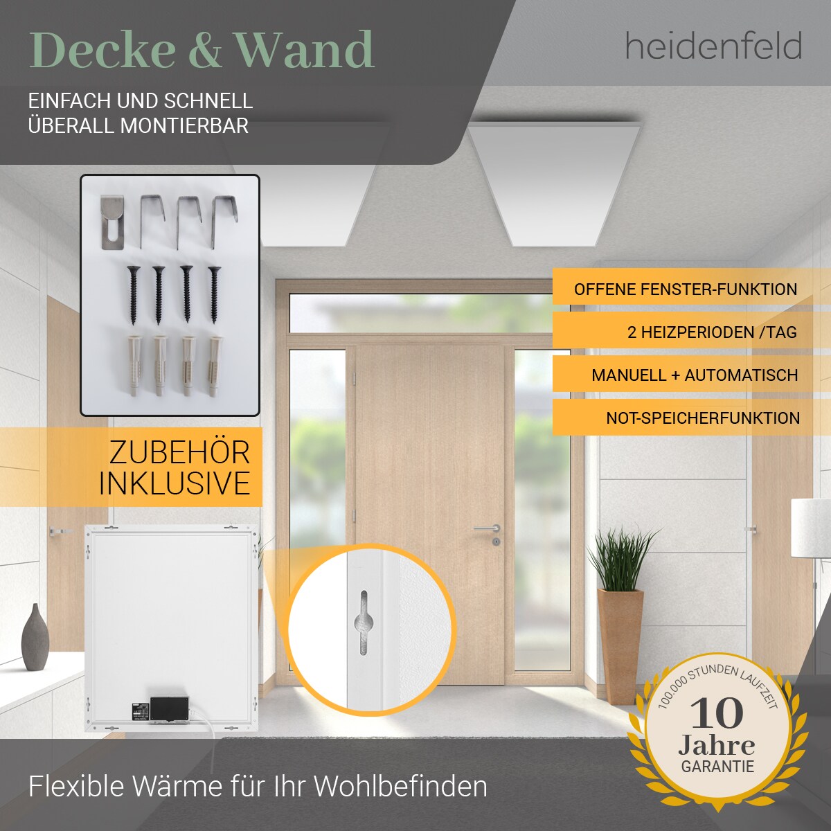 Heidenfeld Infrarotheizung HF-HP106-3, 300-1200 Watt, für 3-30 m², 10 Jahre Garantie, Fernbedienung (300 Watt)