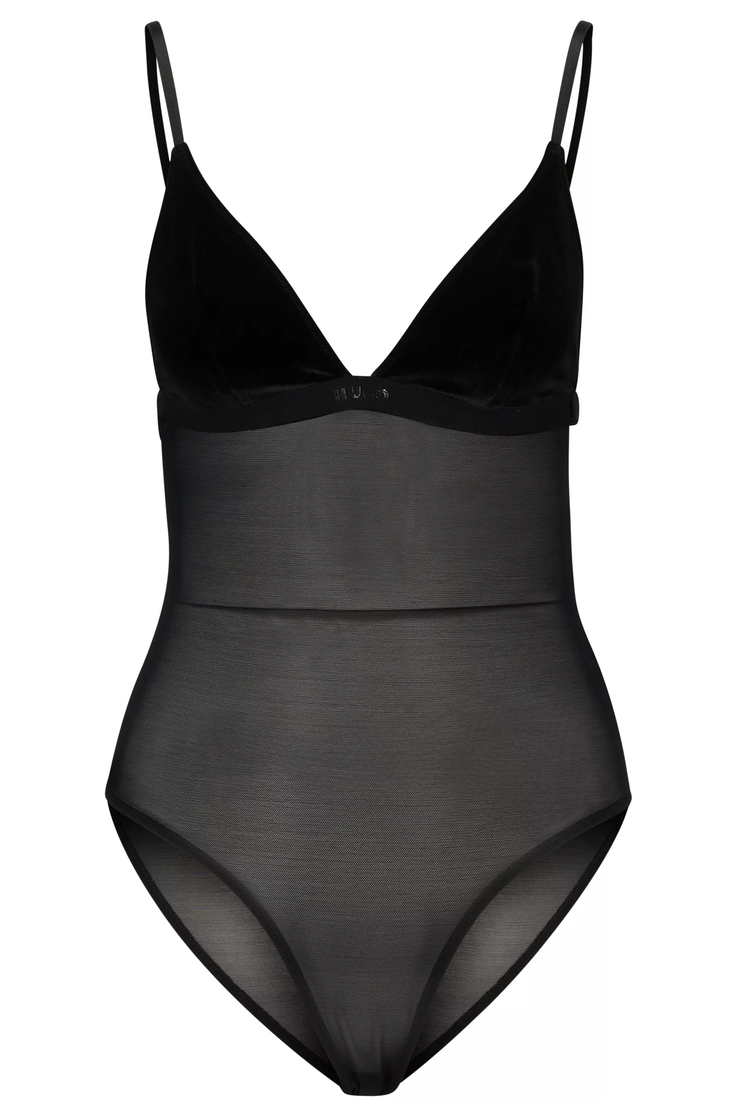 Body HUGO com detalhes em veludo vermelho e faixa com o logotipo.