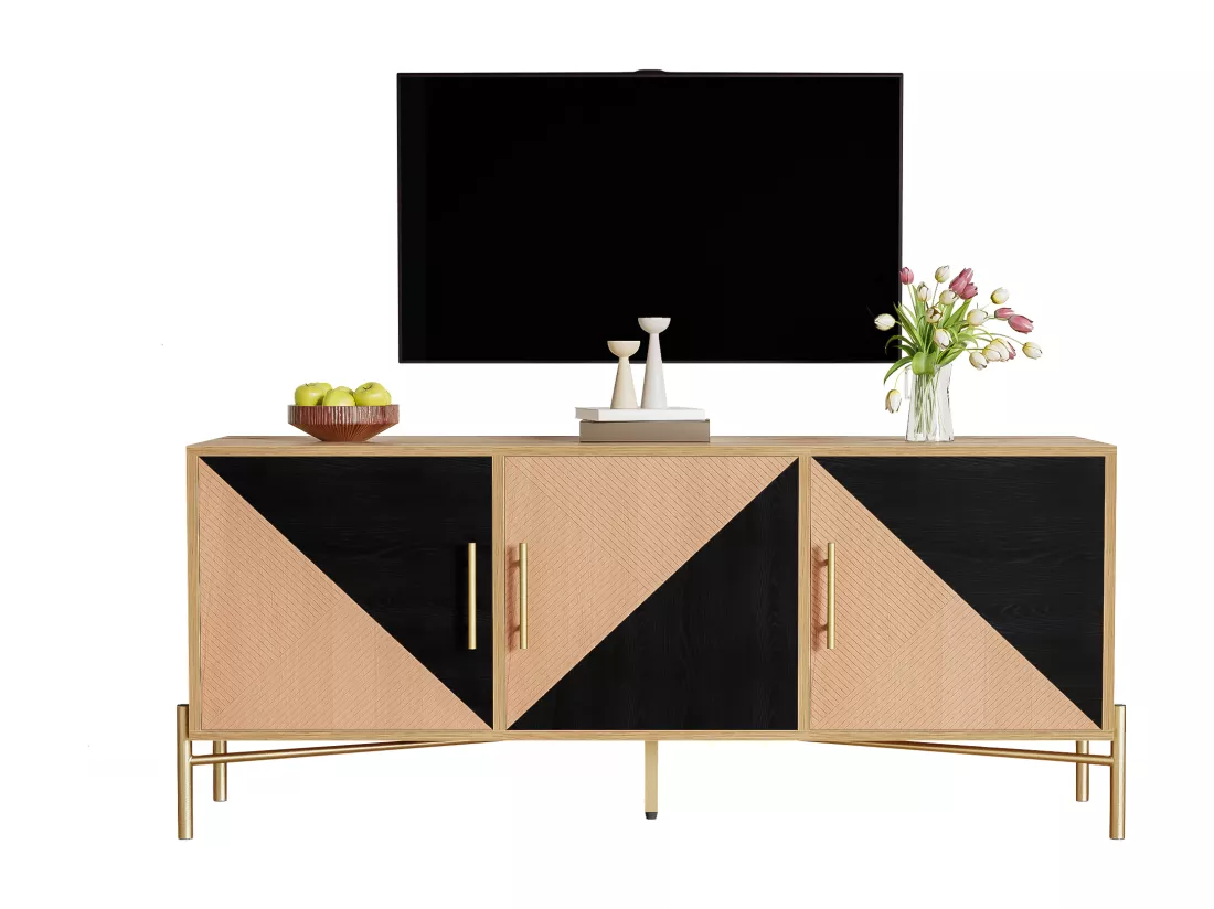 Meuble TV design unique - avec 3 portes - poignées et pieds dorés - Naturel & Noir