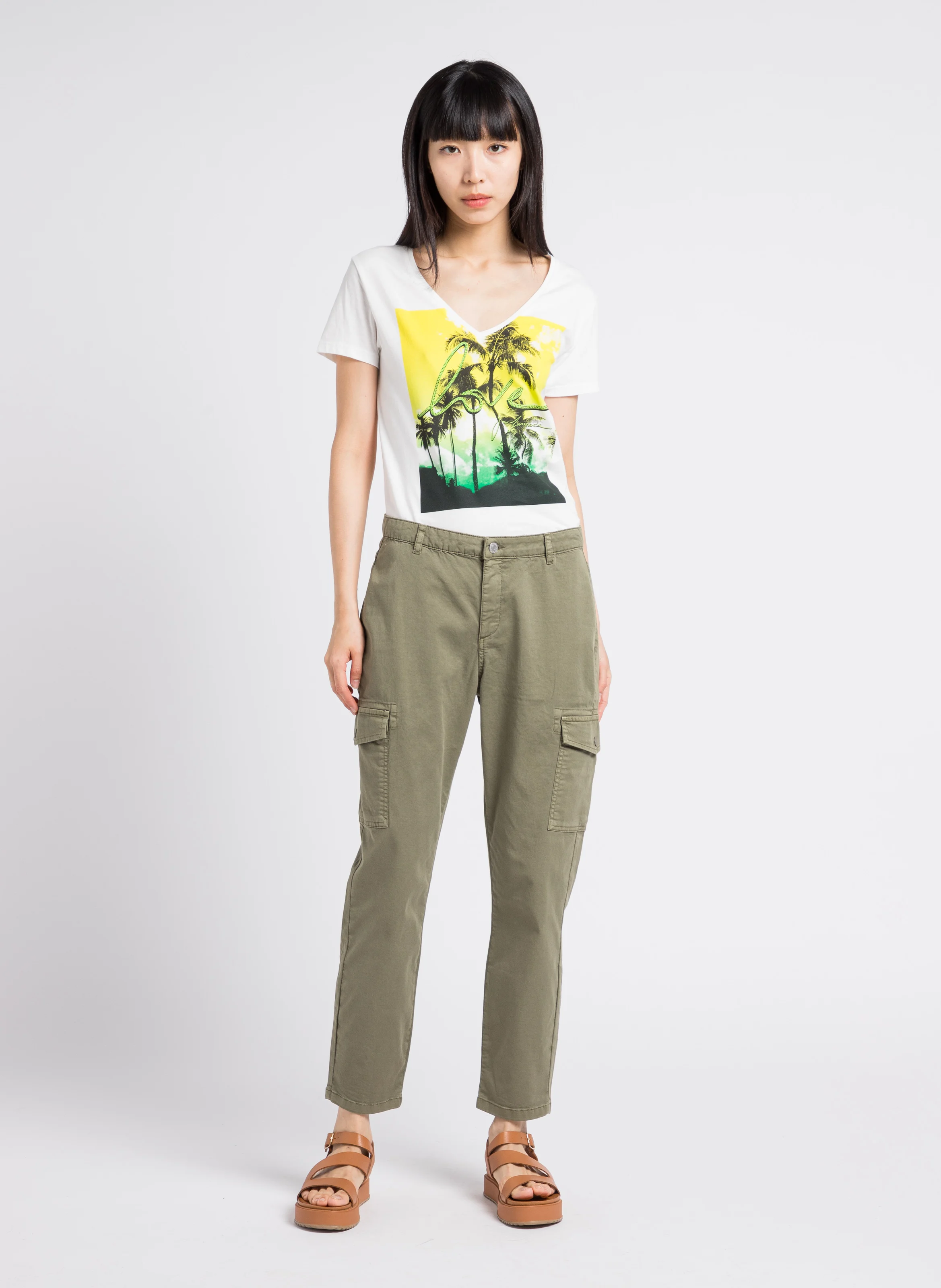 Jean cargo cropped en coton mélangé | Kaki
