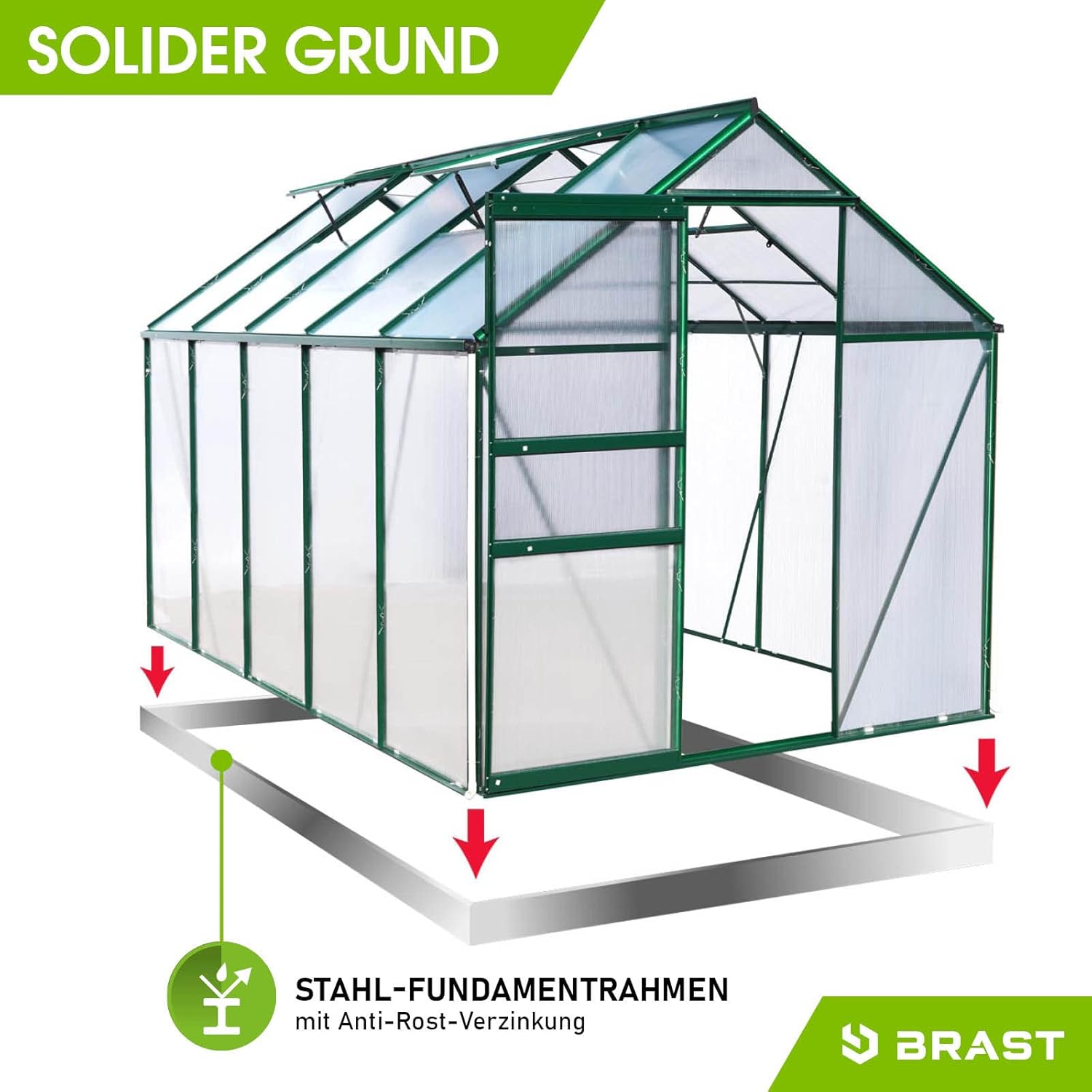 BRAST Gewächshaus Aluminium mit Fundament | 42 Modelle | 130x190x195cm - 490x250x235cm | TÜV geprüft | 6mm Hohlkammerplatten | rostfrei wetterfest temperaturbeständig | 310x190x195cm Grün