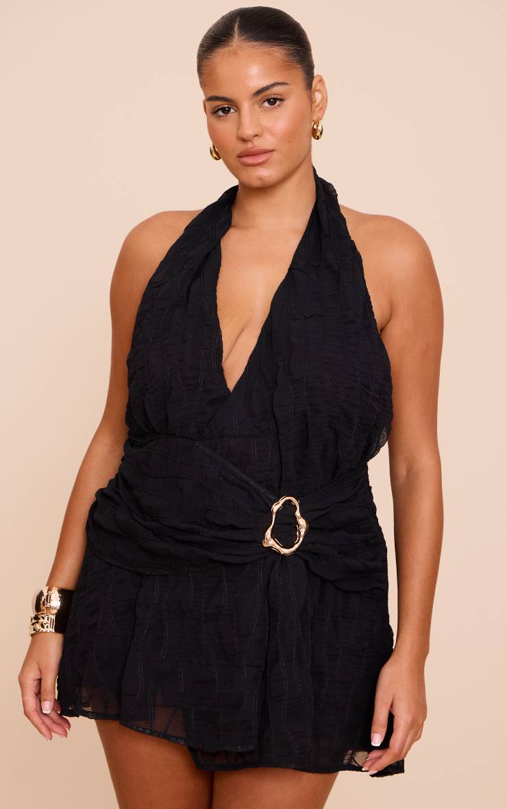 Noir Robe Droite Grande Taille Texturée Col V Avec Ceinture