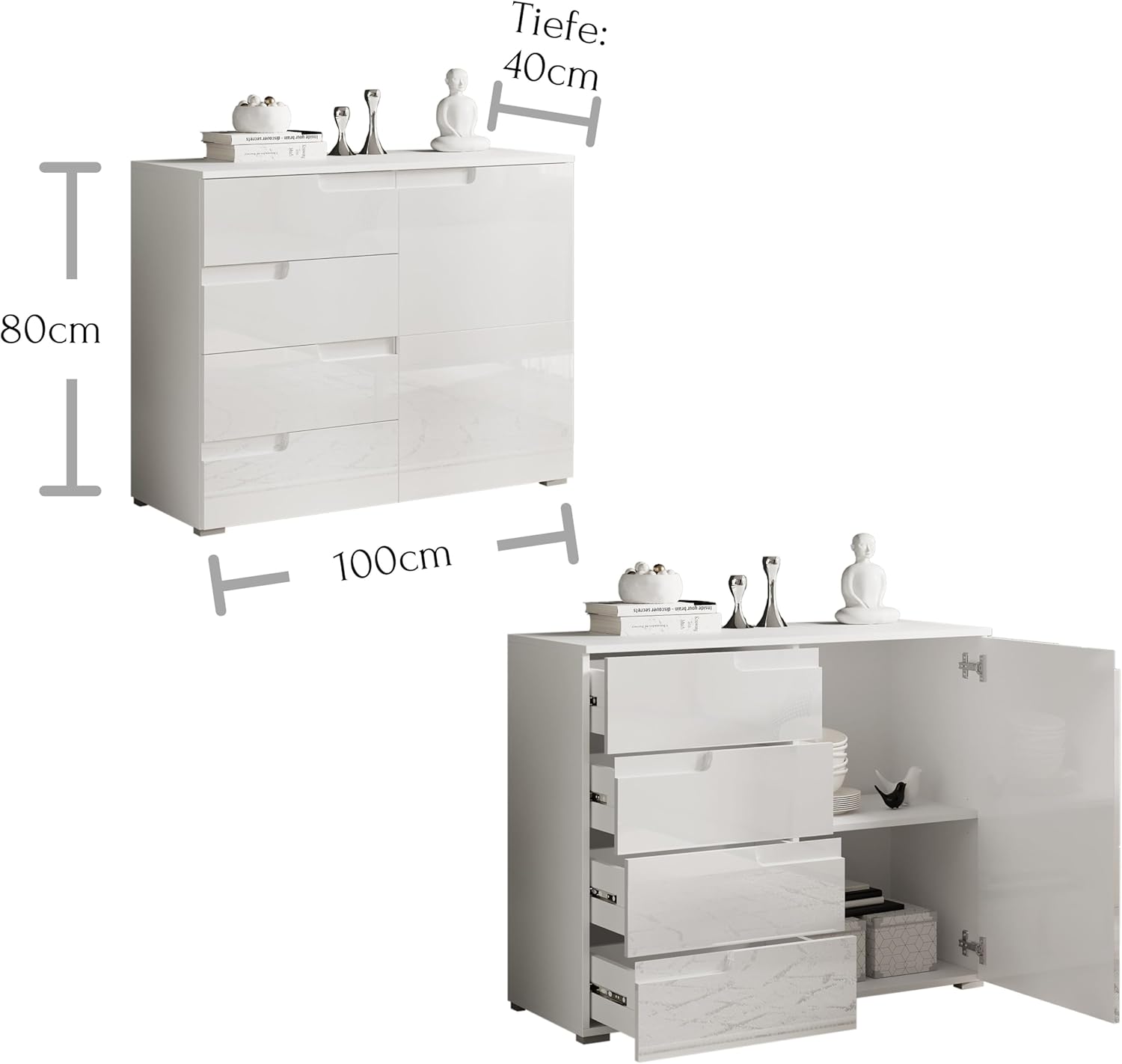 Stella Trading Kommode in Hochglanz Weiß - Modernes Sideboard mit viel Stauraum für Ihren Wohnbereich - 100 x 80 x 40 cm (B/H/T)